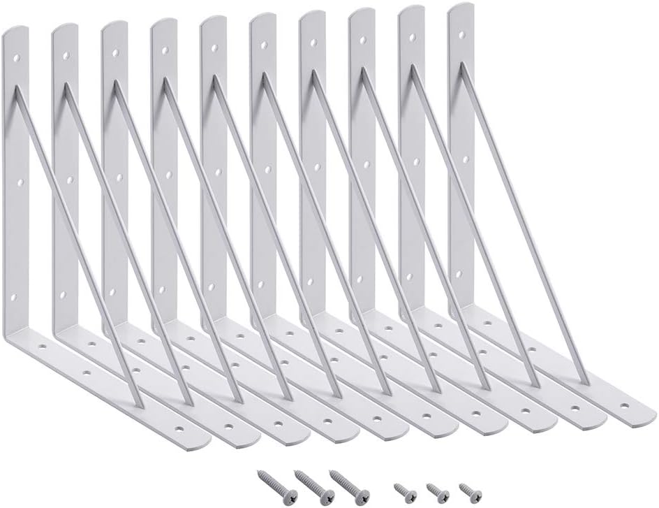 HOME MASTER HARDWARE 12 x 8 inch Heavy Duty Shelf Brackets, Load Capacity: 600lb, 10-Pack White Metal L Supports for Wall Mounted Wood Shelving, Shelves Bracket with Screws