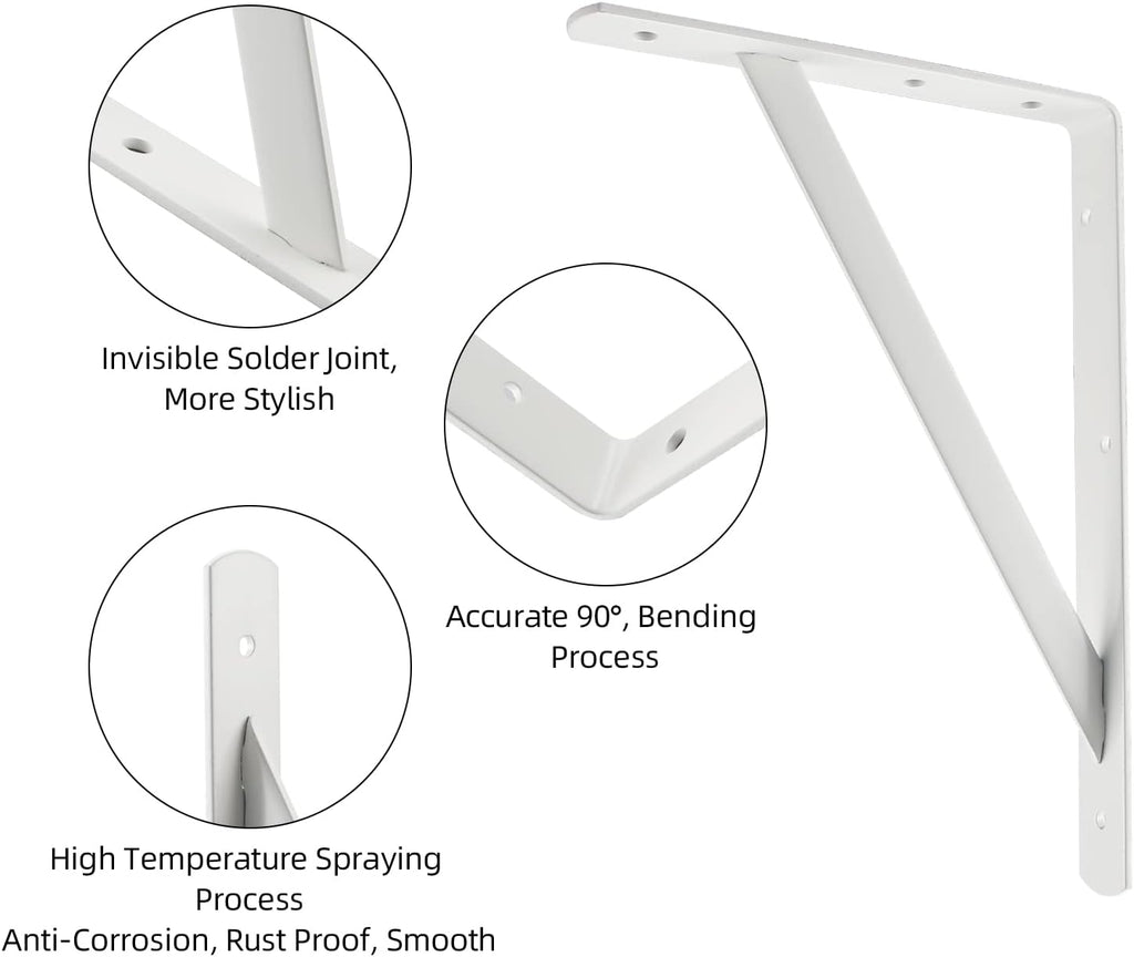 HOME MASTER HARDWARE 12 x 8 inch Heavy Duty Shelf Brackets, Load Capacity: 600lb, 10-Pack White Metal L Supports for Wall Mounted Wood Shelving, Shelves Bracket with Screws