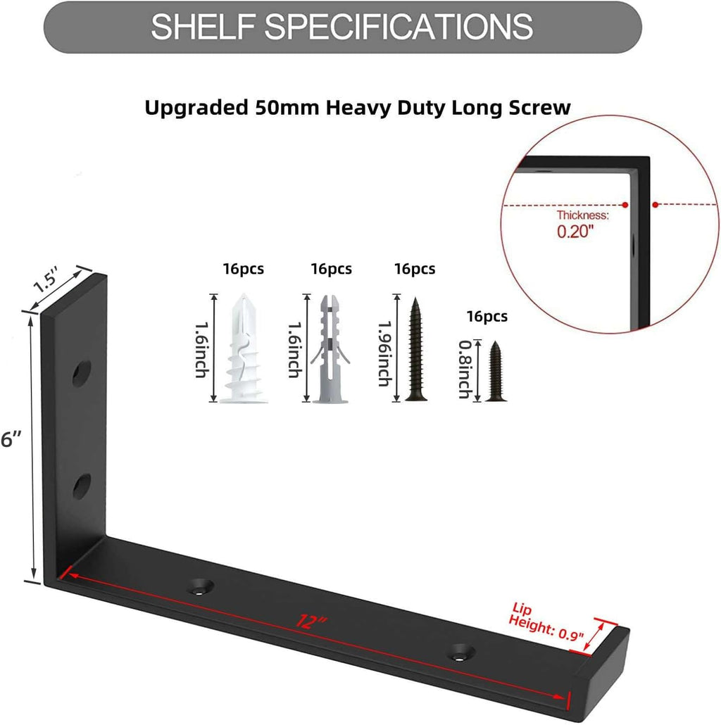 Shelf Brackets 12 Inch, Strong Heavy Duty Floating Shelf Brackets Pack of 8, Industrial Metal Iron Matte Black Shelving Brackets 1/5 Inch Thick Brackets for Shelves 8 PCS