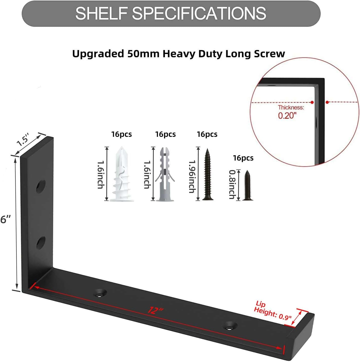 Shelf Brackets 12 Inch, Strong Heavy Duty Floating Shelf Brackets Pack of 8, Industrial Metal Iron Matte Black Shelving Brackets 1/5 Inch Thick Brackets for Shelves 8 PCS