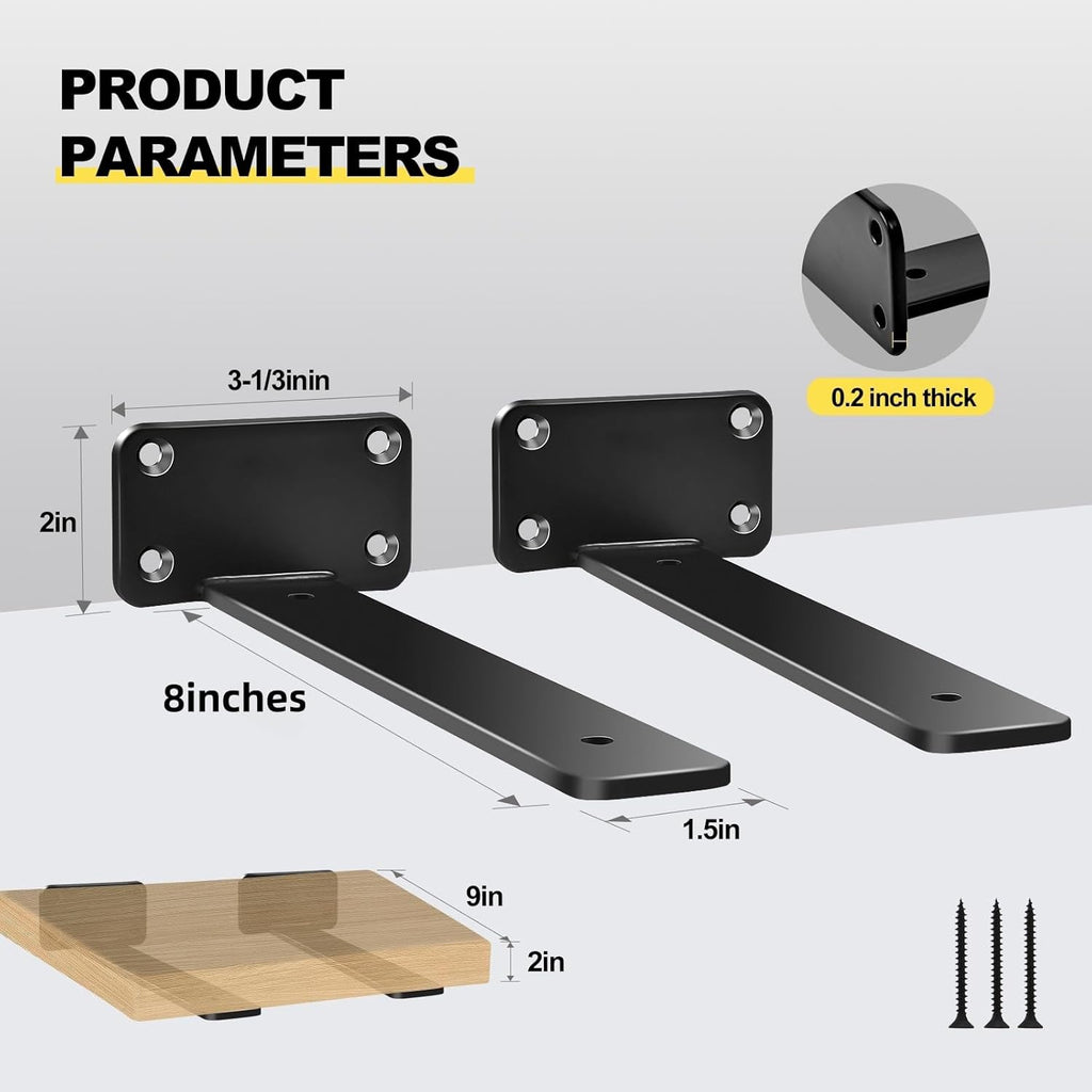12 Pack - 8 inch Black Hidden L Shelf Bracket (1/5 Inch Thicked) Iron Floating Shelf Brackets Rustic Industrial Metal Brackets for Shelf Support