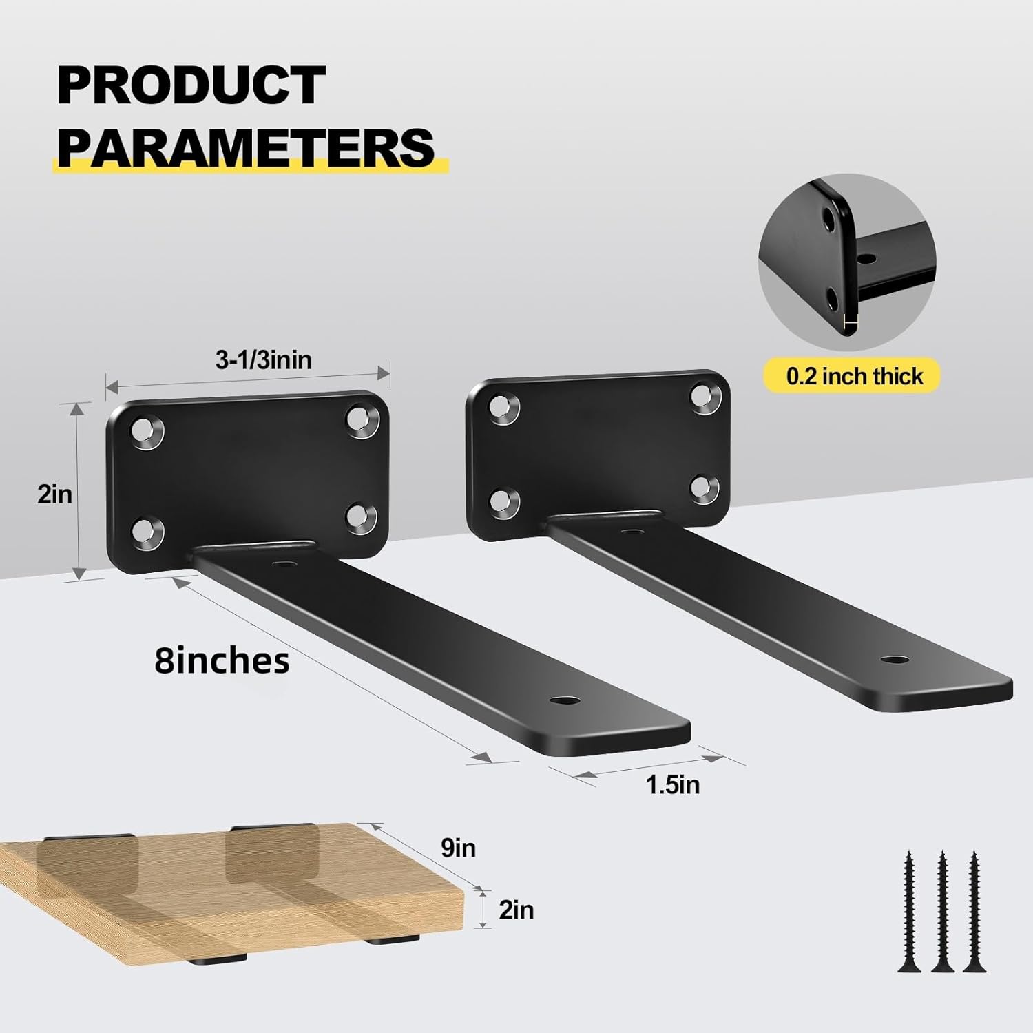 12 Pack - 8 inch Black Hidden L Shelf Bracket (1/5 Inch Thicked) Iron Floating Shelf Brackets Rustic Industrial Metal Brackets for Shelf Support