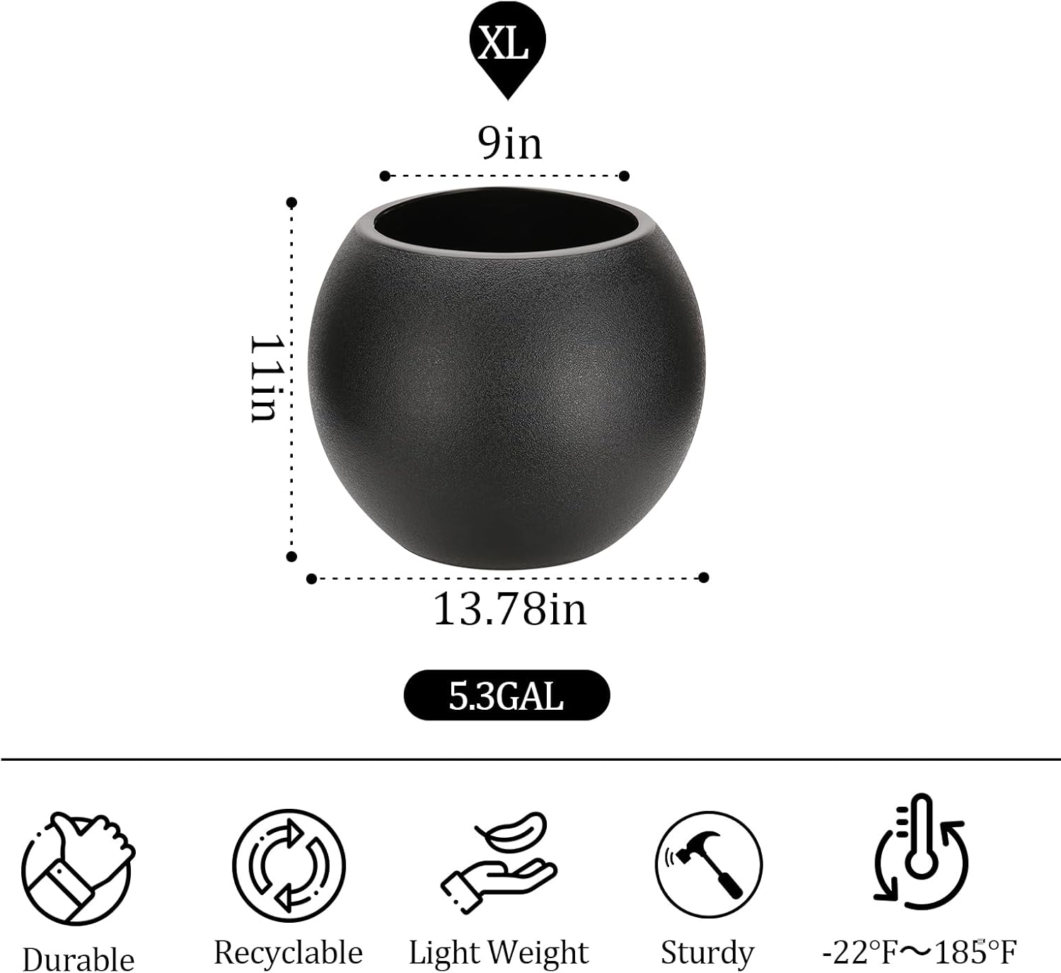 13.78”Dx11”H Large Round Planter,Planters for Indoor Plants & Outdoor,Durable Plastic-Concrete Material Sphere Planter with Drainage Hole & Rubber Plug Weather Resistant,Plant Pot,(9" Pot Opening)