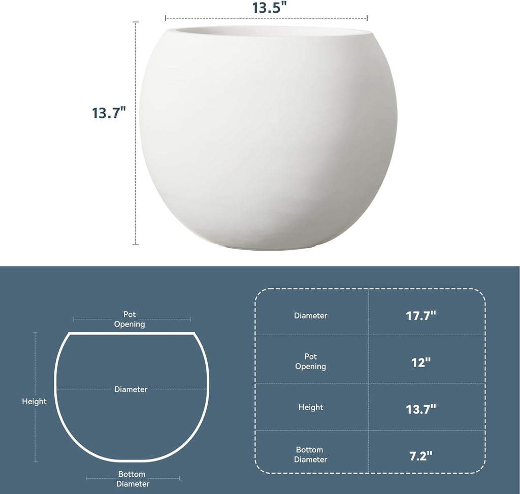 Large Round Planter with Drainage Hole, 13.7''H × 17.7''D Sphere Planter Indoor Plant Flower Pot for Outdoor Garden Patio Home, White