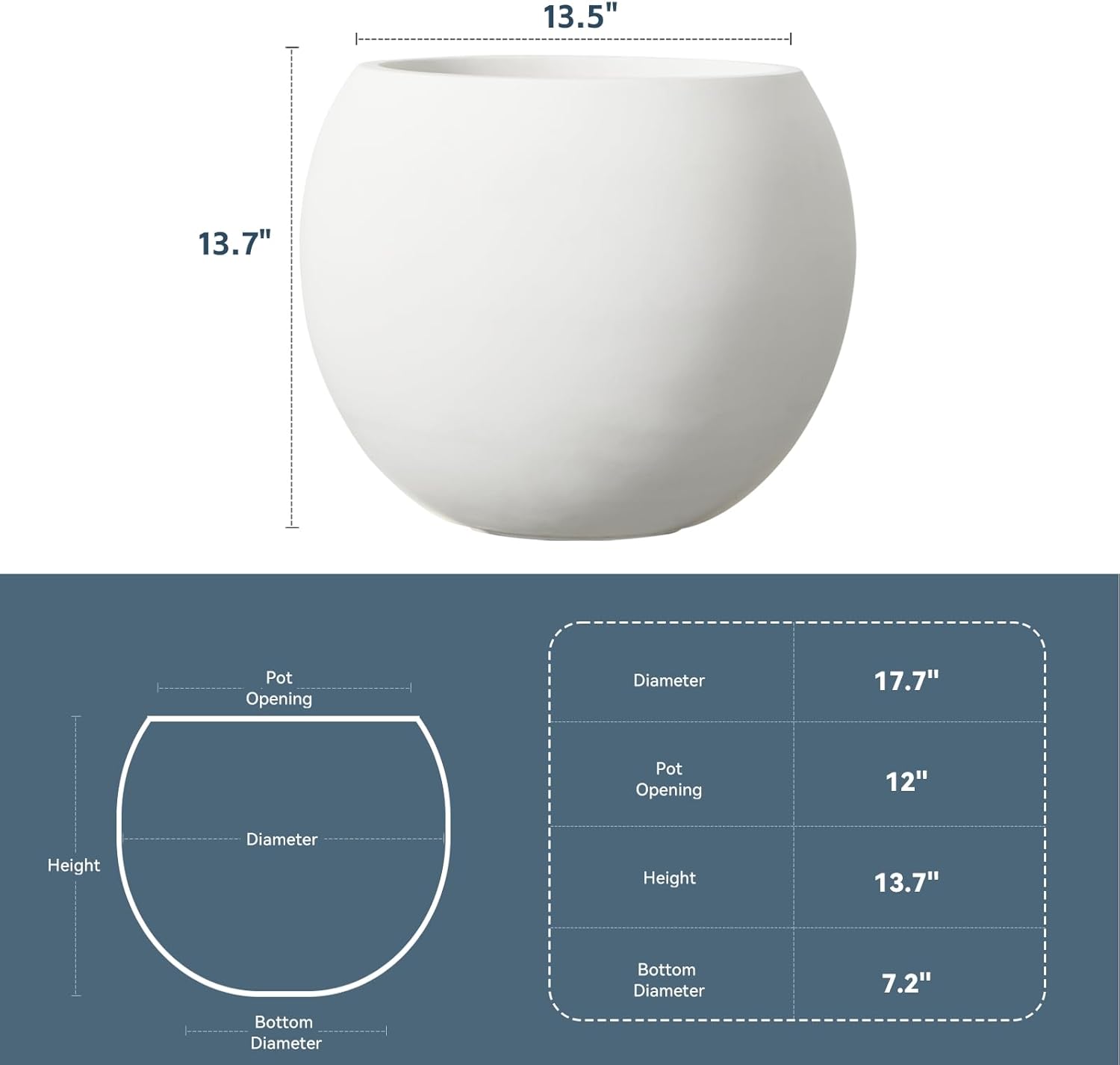 Large Round Planter with Drainage Hole, 13.7''H × 17.7''D Sphere Planter Indoor Plant Flower Pot for Outdoor Garden Patio Home, White