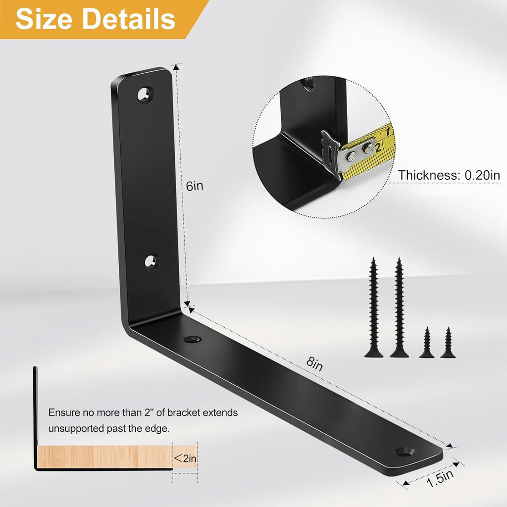 12 Pack - L 8" x H 6" x W1.5, 5mm Thick Black L Shelf Bracket, Iron Shelf Brackets, Metal Shelf Brackets, Floating Shelf, Shelf Supports with Screws