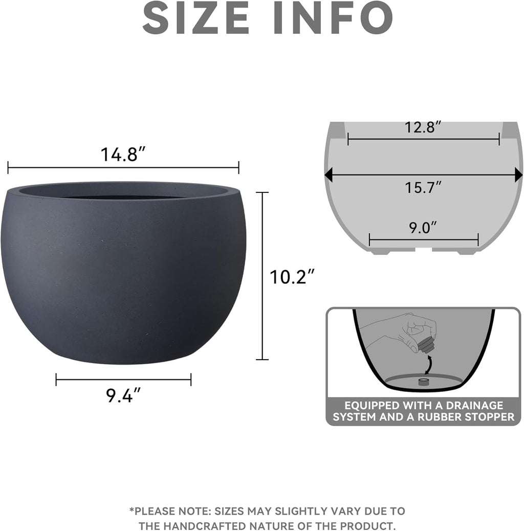 Kante 15.7" Dia Round Concrete Planter, Outdoor/Indoor Large Bowl Plant Pots with Drainage Hole and Rubber Plug for Garden Patio Balcony Home, Charcoal