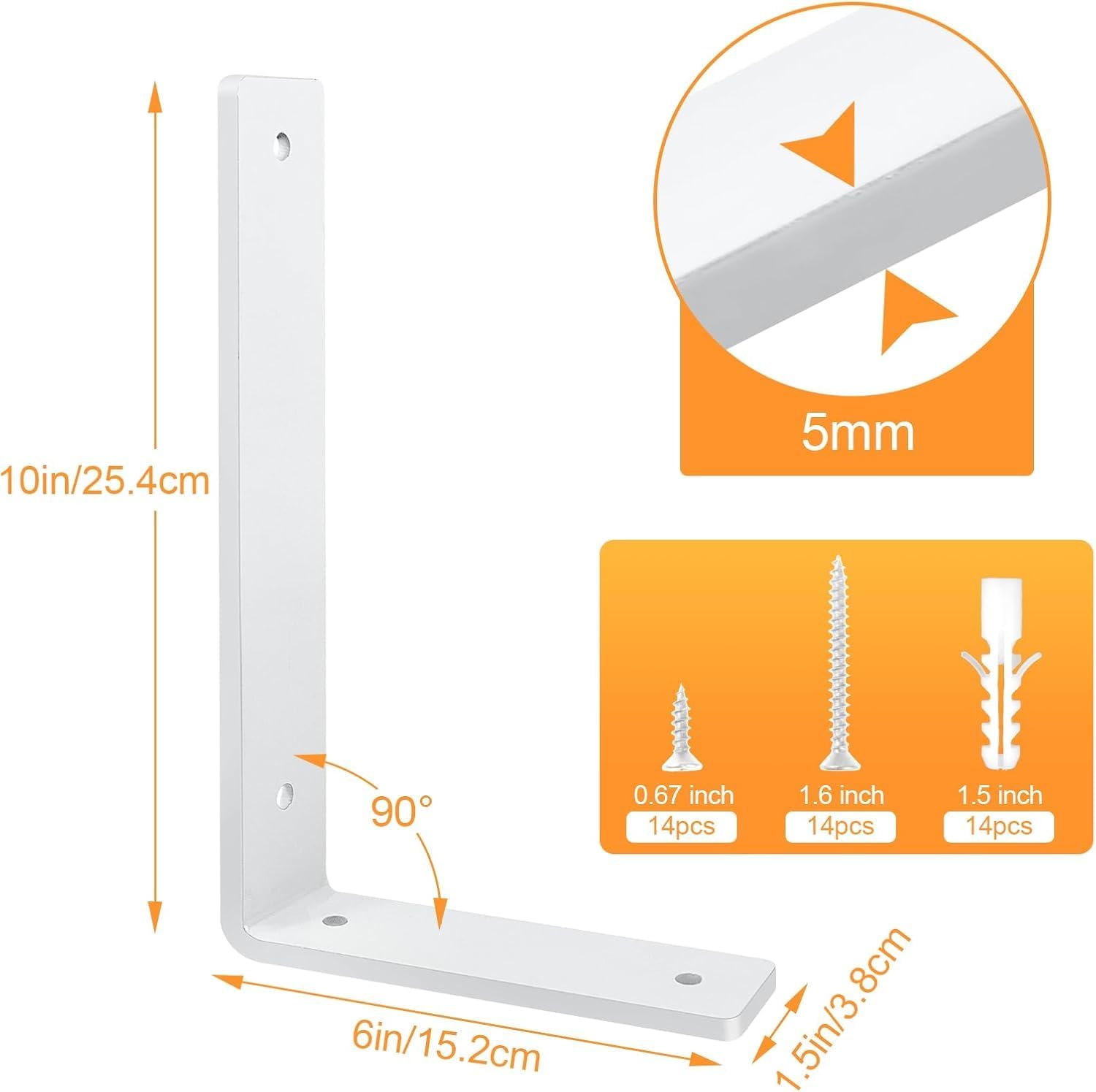 White Floating Shelf Bracket 10 Inch, 6 Pack Heavy Duty Shelf Brackets, Wall Shelf Bracket for DIY Decorative with Mounting Hardware
