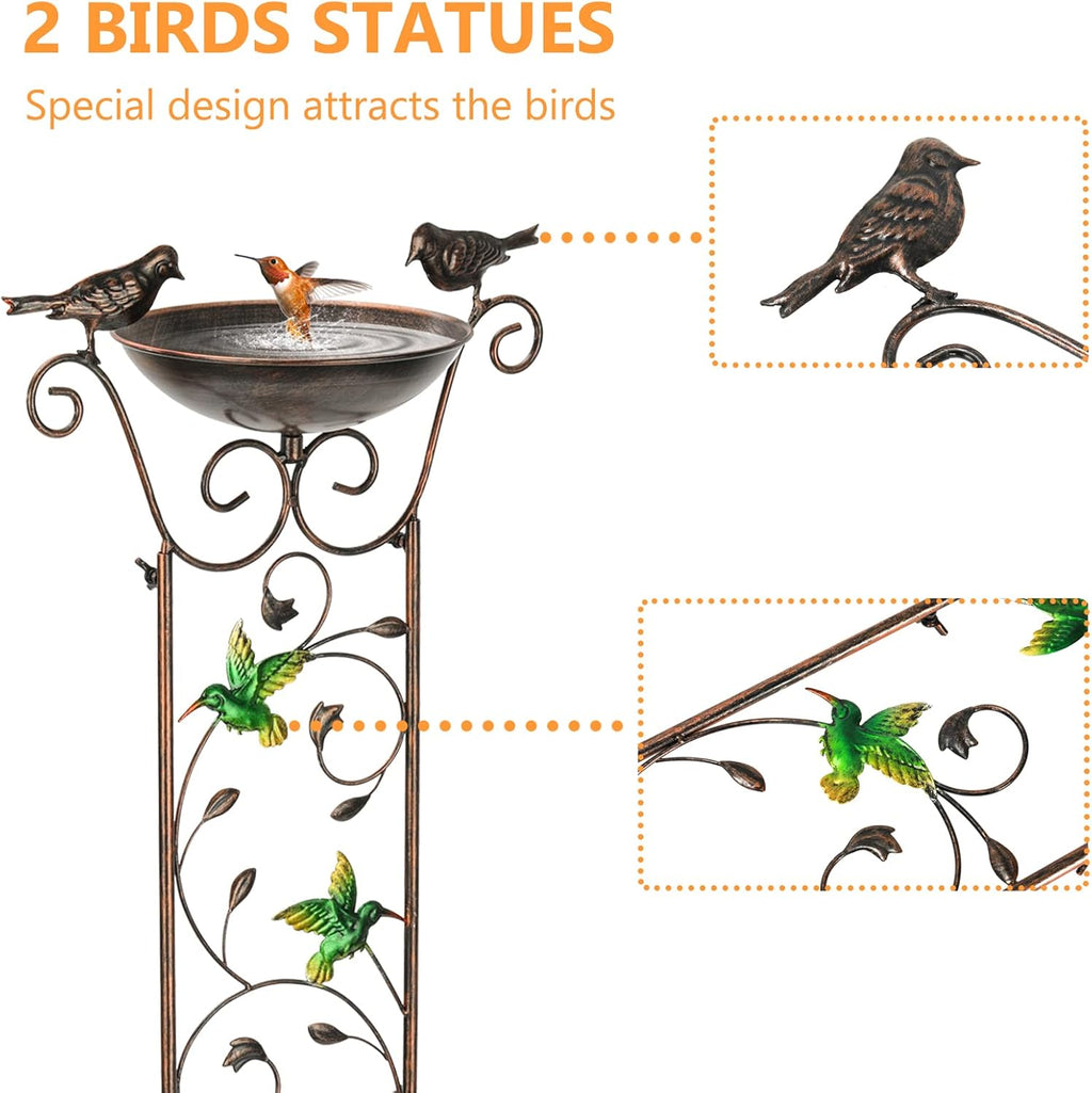 LEWIS&WAYNE Garden Trellis Bird Bath Outdoor, 40 Inch Antique Iron Garden Plant Trellis Decorative with Hummingbirds and Detachable Drinking Basin Bowl, Free Standing BirdBath Birdfeeder Station