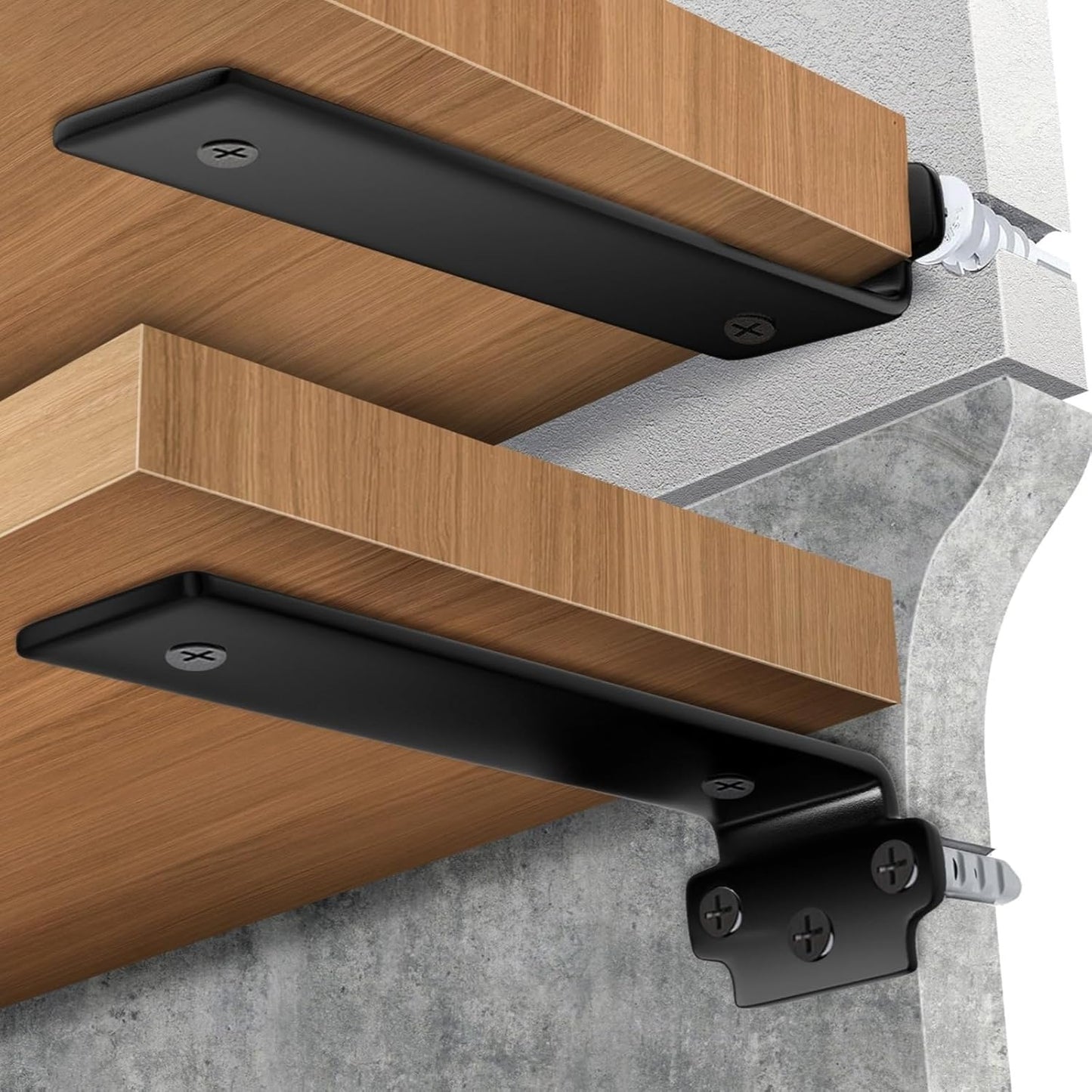 Shelf Brackets 12 Inch (Excluding Shelves), 6 Pack Heavy Duty Floating Shelf Brackets for Shelves, Black Coated Metal Shelf Hardware, Hidden L Shelf Support Bracket with 160 lb Load Capacity