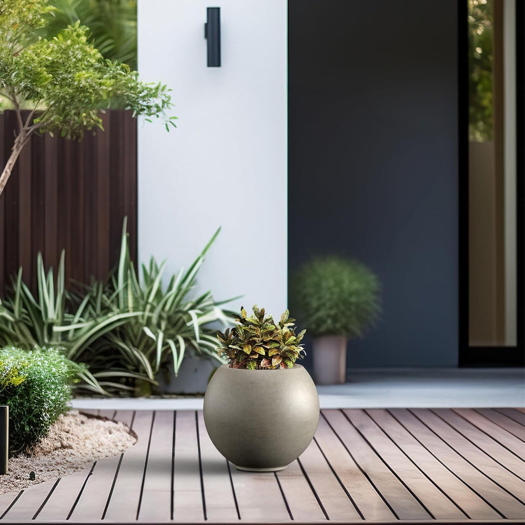 Kante Round Concrete Flower Pot, 11 Inch Dia (7.9" Opening) Sphere Shape Design Planter with Drainage Hole for Indoor & Outdoor Plants, Weathered Concrete Finish with Painted Interior