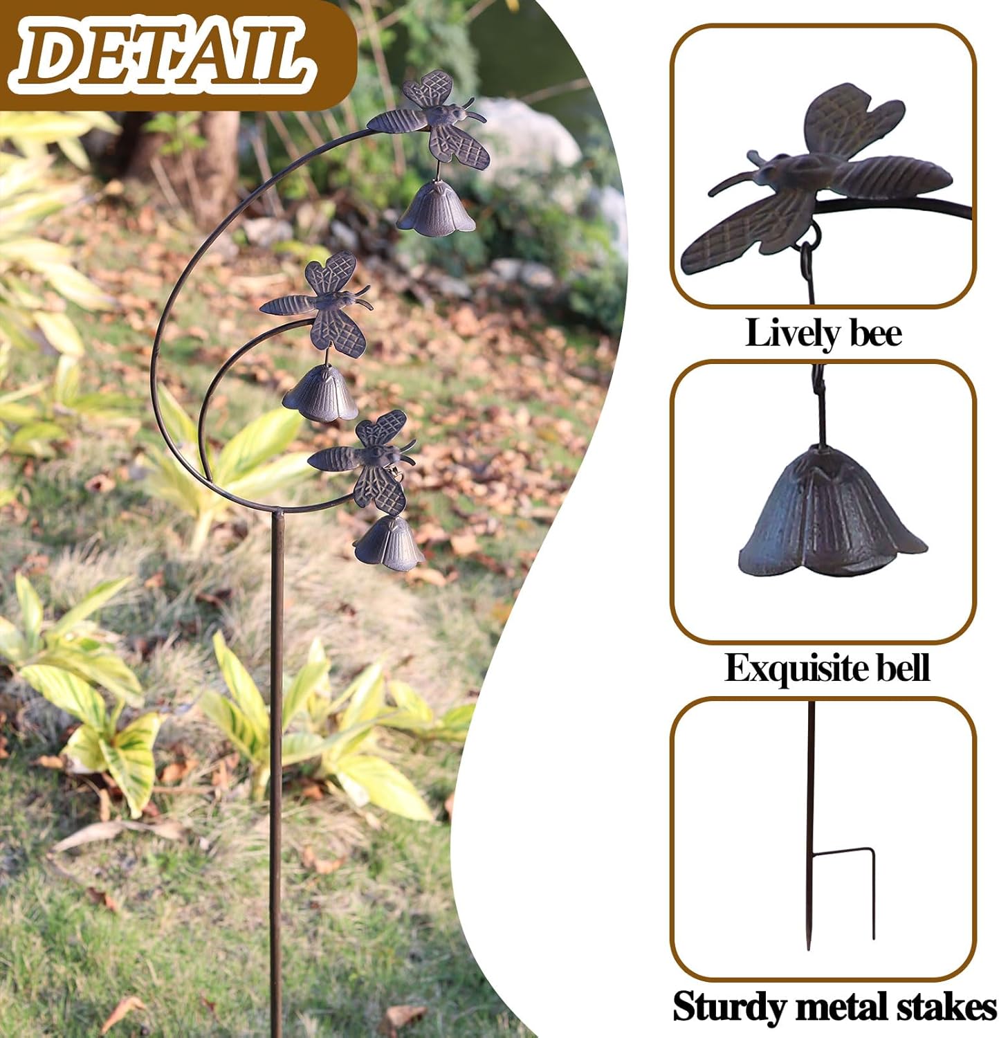 Gardens Metal Bees with Bells for Outside Garden Art,Decorative Garden Stakes
