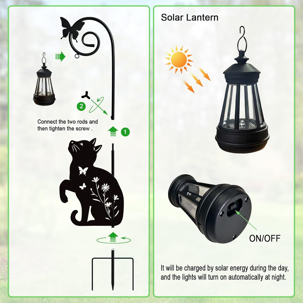 Metal Cat Stake with Solar Lights Outdoor Decorative,Black Cats Lawn Ornaments,Womens Gifts Unique,Garden Silhouette Animal Decor (Cat)
