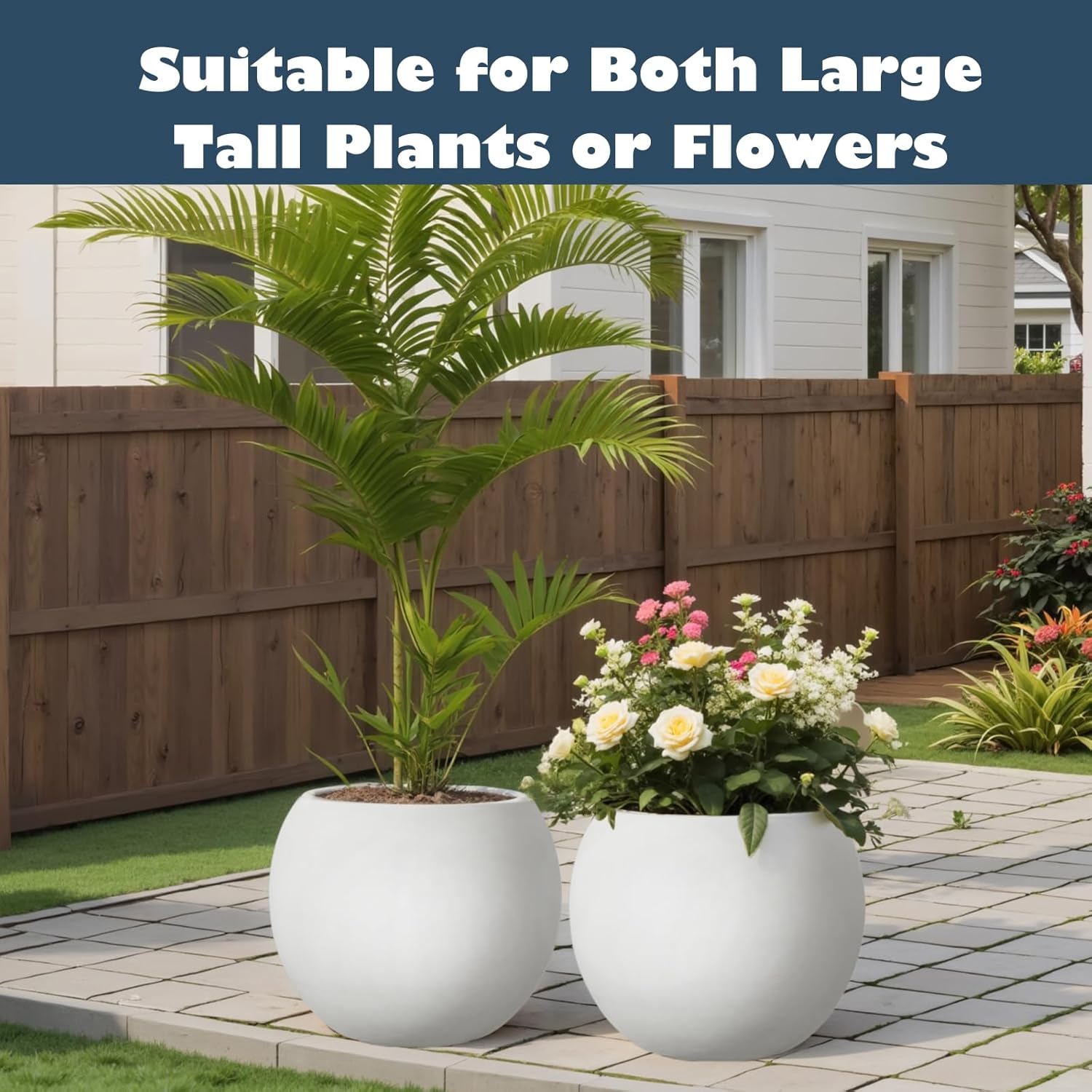 Large Round Planter with Drainage Hole, 13.7''H × 17.7''D Sphere Planter Indoor Plant Flower Pot for Outdoor Garden Patio Home, White