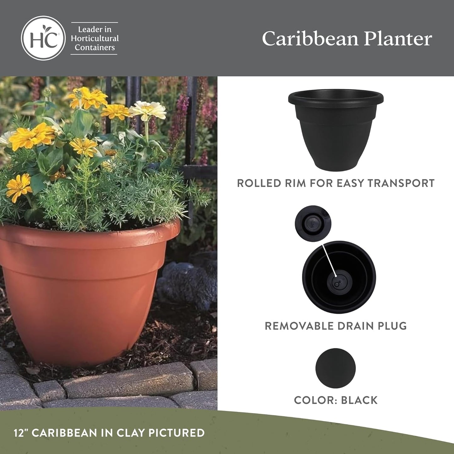 The HC Companies Caribbean Planter Pot - Outdoor & Indoor Plant Pot with Drainage Hole & Plug - Rolled Rim Plastic Pots for Plants & Flowers - Decorative Plant Pot (14" Black, Pack of 1)