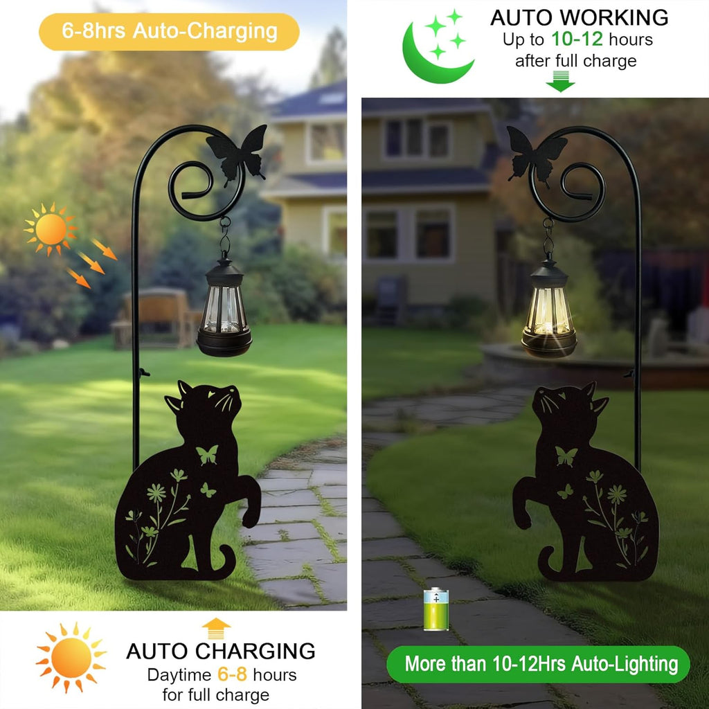 Metal Cat Stake with Solar Lights Outdoor Decorative,Black Cats Lawn Ornaments,Womens Gifts Unique,Garden Silhouette Animal Decor (Cat)