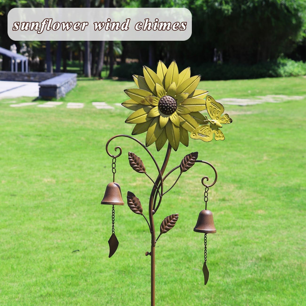 Sunflower Garden Stake with Bells, Decorative Garden Stakes for Garden Yard Patio Decor