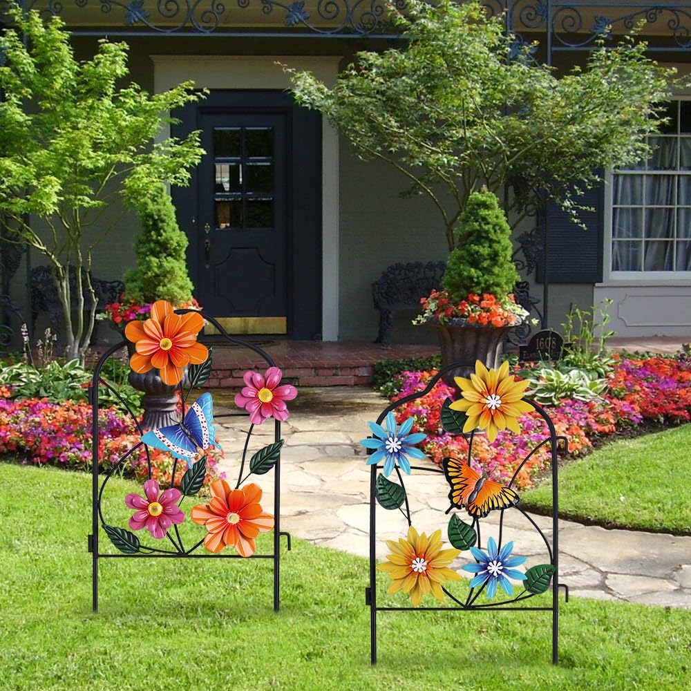 hogardeck Garden Decor for Outside, Set of 2 Metal Fence Decorative Garden Stakes with Flowers for Spring Decor, Yard Signs for Outdoor Patio Lawn Backyard Porch Decorations