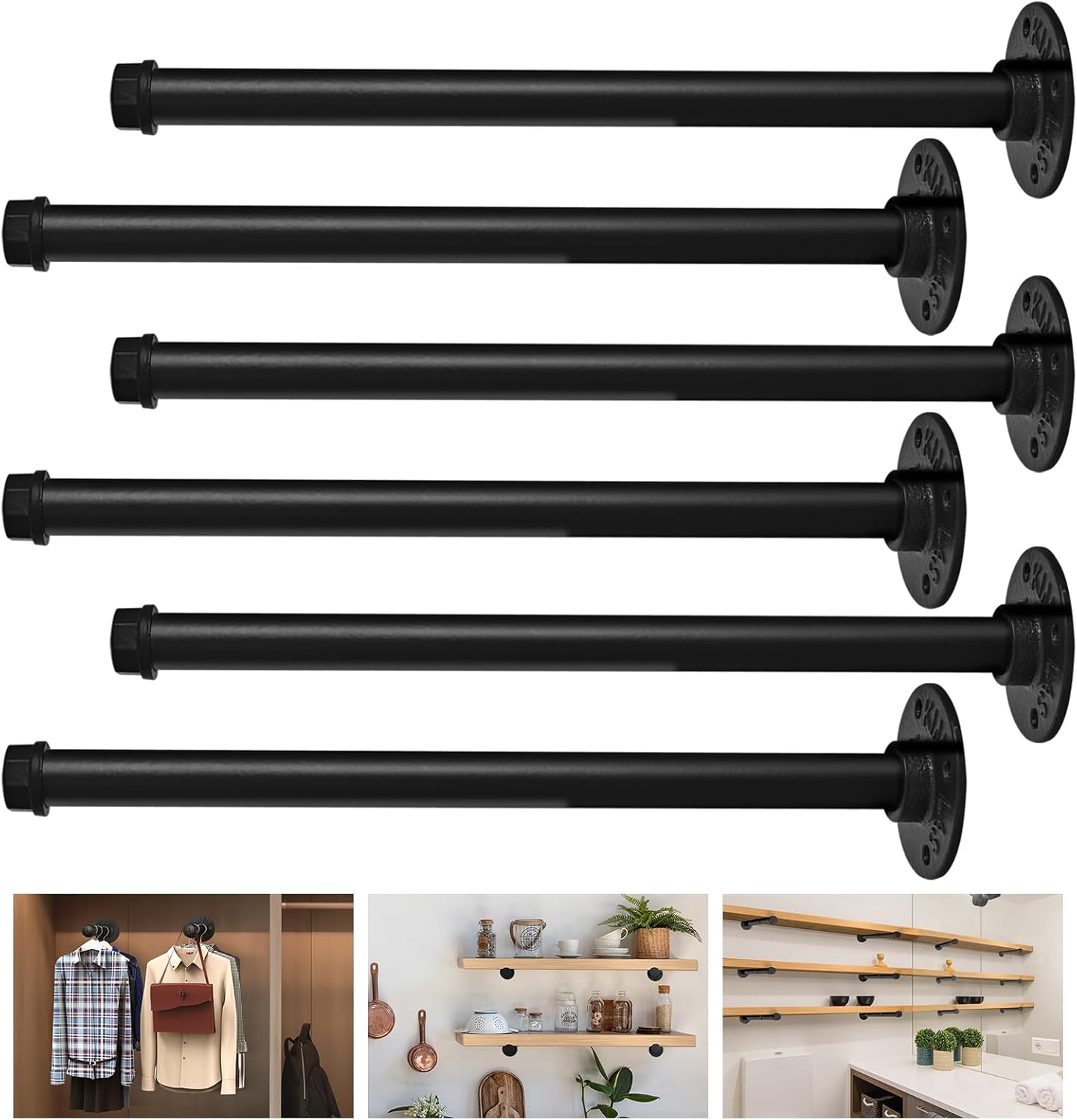 Industrial Pipe Shelf Brackets 12 Pack Floating Shelves L Brackets 12 Inch Black Shelving Bracket Heavy Duty for Wood, Kitchen, Laundry Room, Home Decor Hanger Bedroom