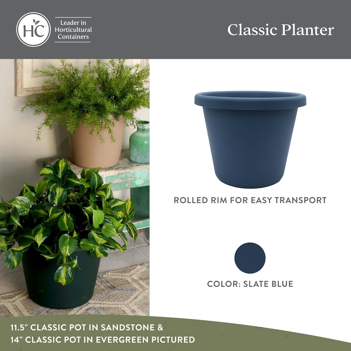 The HC Companies Classic Round Plastic Plant Pot w/Rolled Rim - Lightweight & UV Resistant Flower Pot for Herbs & More - Outdoor & Indoor Plant Pots w/Drainage (24 inch Slate Blue, Pack of 1)