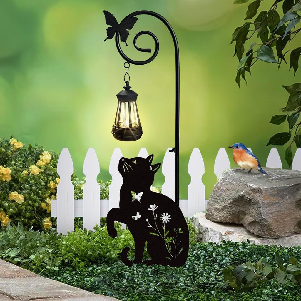 Metal Cat Stake with Solar Lights Outdoor Decorative,Black Cats Lawn Ornaments,Womens Gifts Unique,Garden Silhouette Animal Decor (Cat)