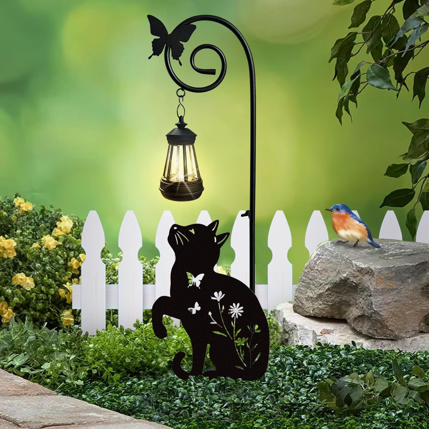 Metal Cat Stake with Solar Lights Outdoor Decorative,Black Cats Lawn Ornaments,Womens Gifts Unique,Garden Silhouette Animal Decor (Cat)