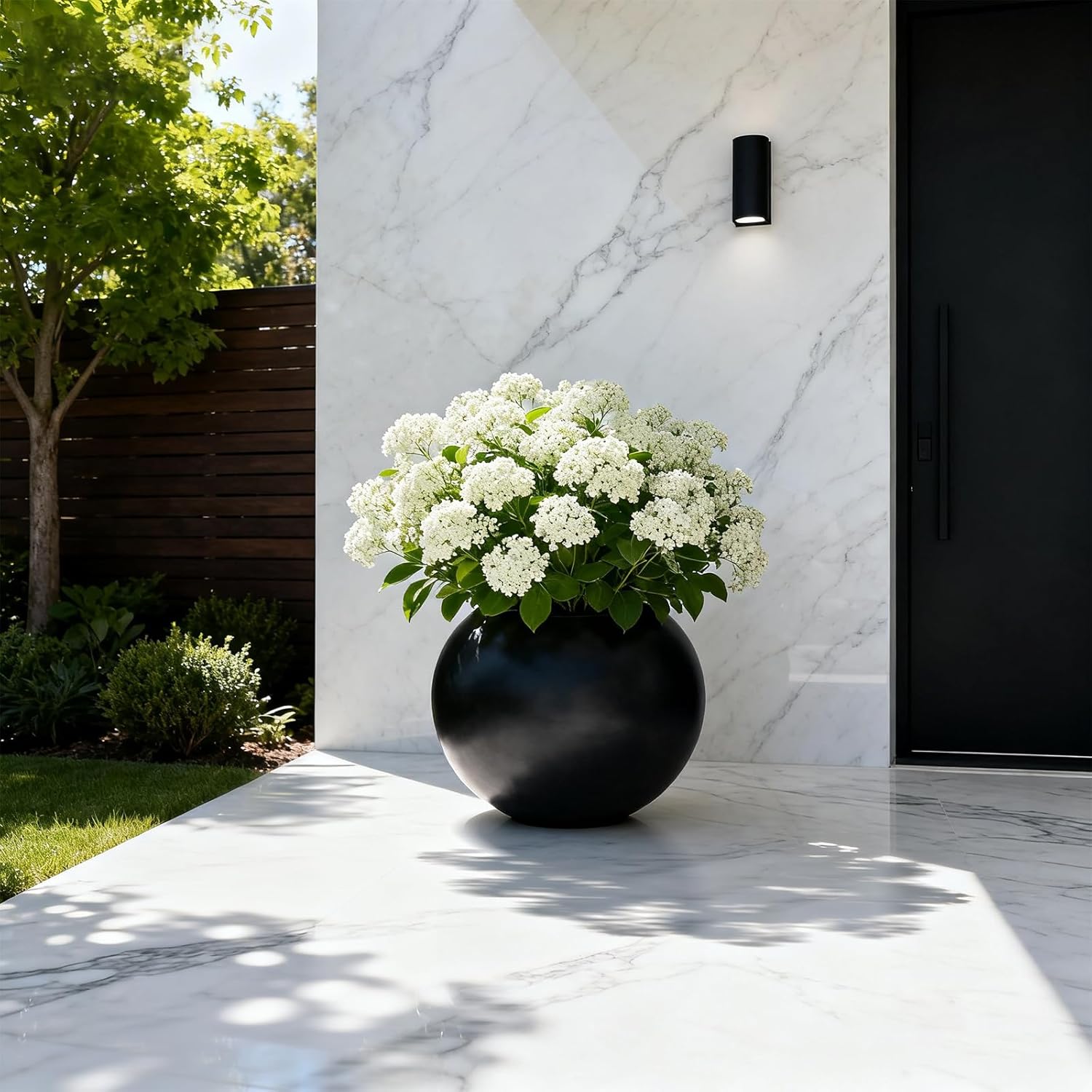 13.78”Dx11”H Large Round Planter,Planters for Indoor Plants & Outdoor,Durable Plastic-Concrete Material Sphere Planter with Drainage Hole & Rubber Plug Weather Resistant,Plant Pot,(9" Pot Opening)