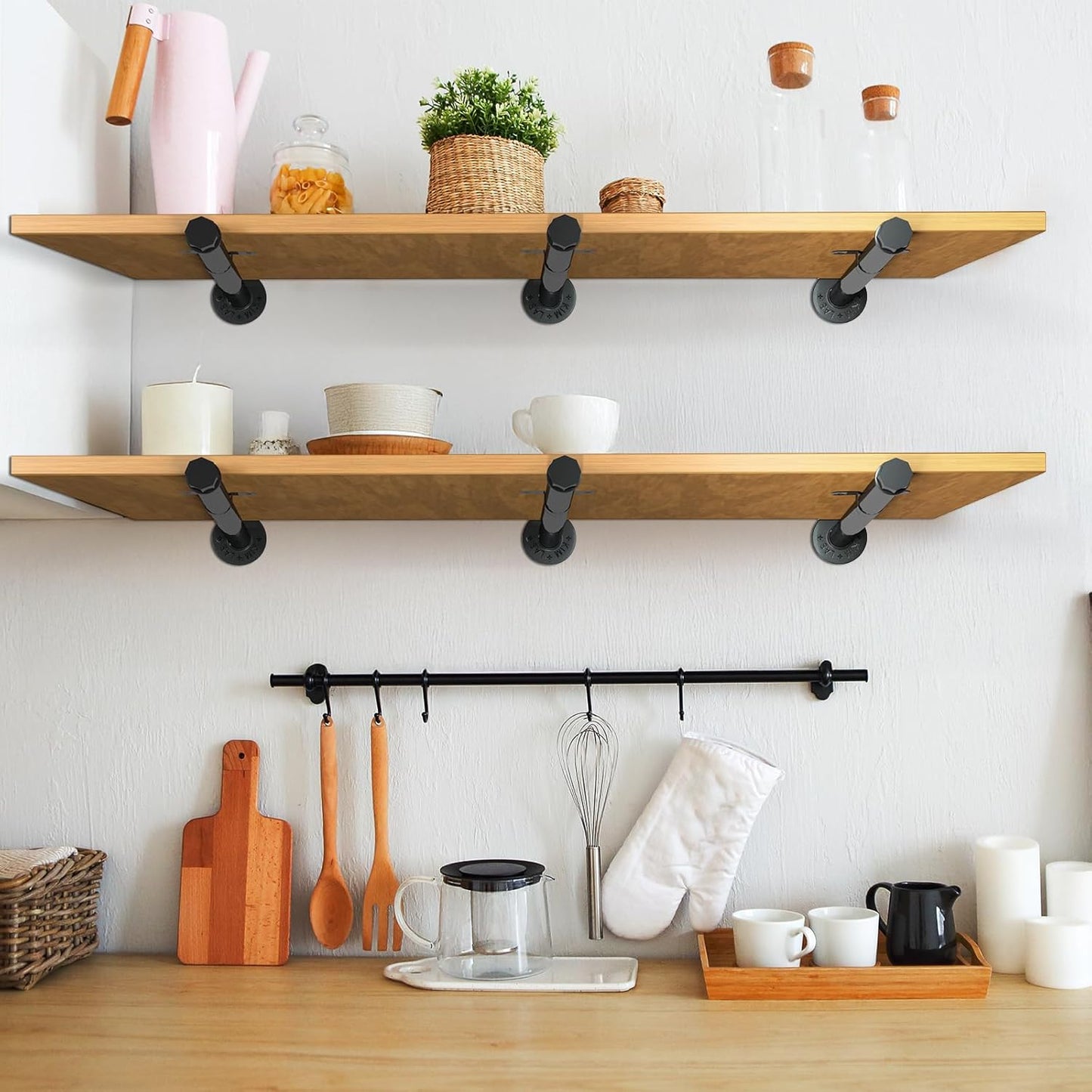 Industrial Pipe Shelf Brackets 12 Pack Floating Shelves L Brackets 12 Inch Black Shelving Bracket Heavy Duty for Wood, Kitchen, Laundry Room, Home Decor Hanger Bedroom