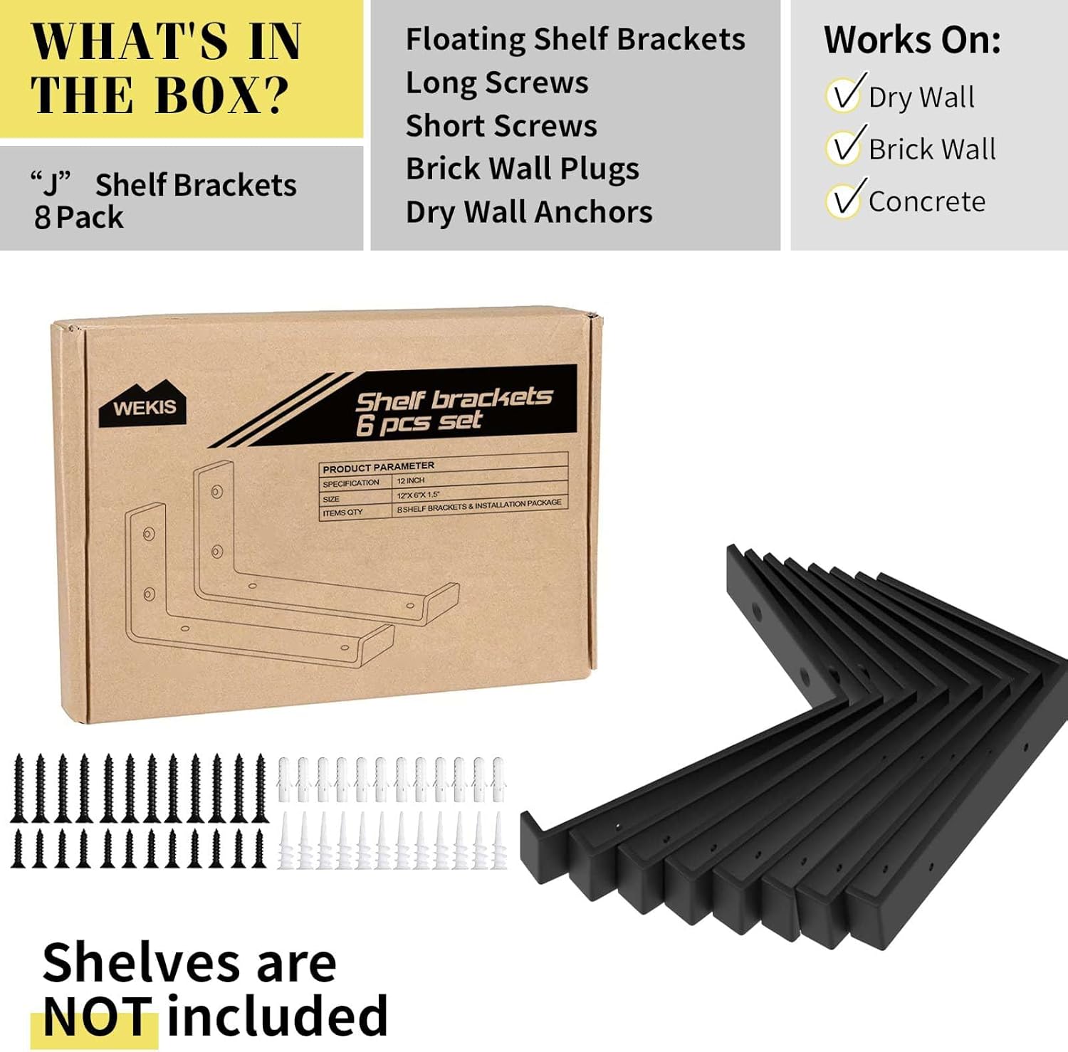 Shelf Brackets 12 Inch, Strong Heavy Duty Floating Shelf Brackets Pack of 8, Industrial Metal Iron Matte Black Shelving Brackets 1/5 Inch Thick Brackets for Shelves 8 PCS