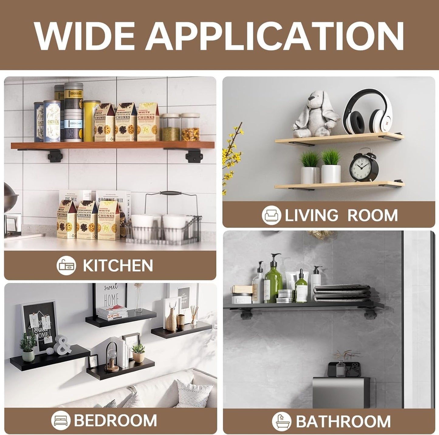 Shelf Brackets 12 Inch (Excluding Shelves), 6 Pack Heavy Duty Floating Shelf Brackets for Shelves, Black Coated Metal Shelf Hardware, Hidden L Shelf Support Bracket with 160 lb Load Capacity