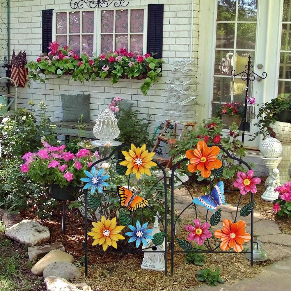 hogardeck Garden Decor for Outside, Set of 2 Metal Fence Decorative Garden Stakes with Flowers for Spring Decor, Yard Signs for Outdoor Patio Lawn Backyard Porch Decorations