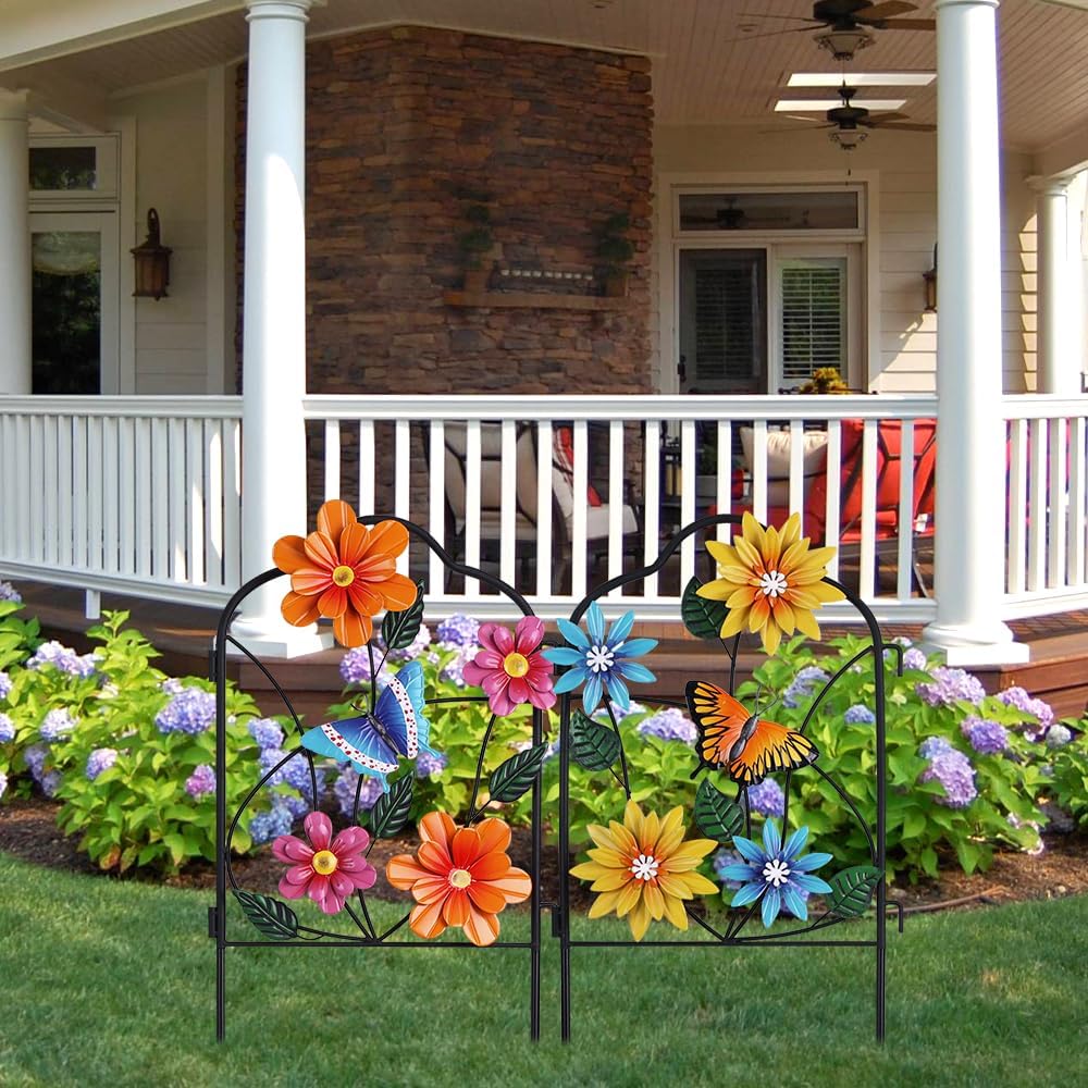 hogardeck Garden Decor for Outside, Set of 2 Metal Fence Decorative Garden Stakes with Flowers for Spring Decor, Yard Signs for Outdoor Patio Lawn Backyard Porch Decorations
