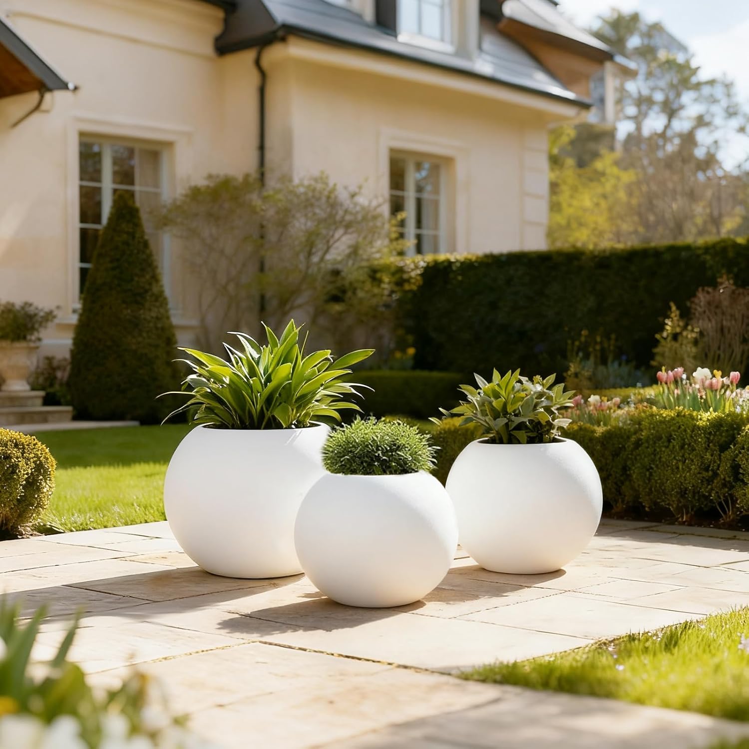 13.78”Dx11”H Large Round Planter,Planters for Indoor Plants & Outdoor,Durable Plastic-Concrete Material Sphere Planter with Drainage Hole & Rubber Plug Weather Resistant,Plant Pot,(9" Pot Opening)