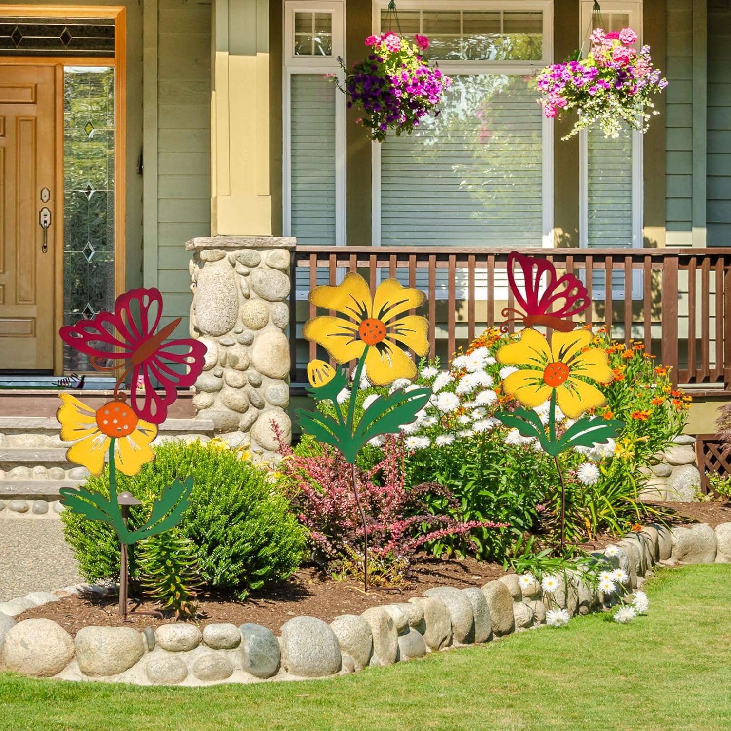 3 Pack Butterfly&Flower Metal Flowers for Outside & Decorative Garden Stakes - Metal Yard Art Outdoor and Garden with Rustproof Design | Spring Lawn Ornaments for Porch,Backyard，Patio | Outdoor Gifts