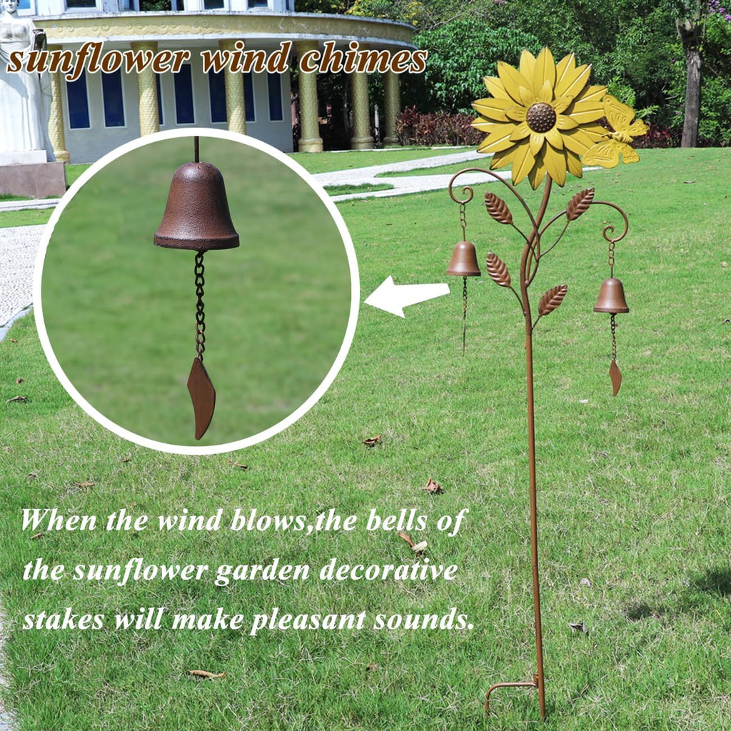 Sunflower Garden Stake with Bells, Decorative Garden Stakes for Garden Yard Patio Decor