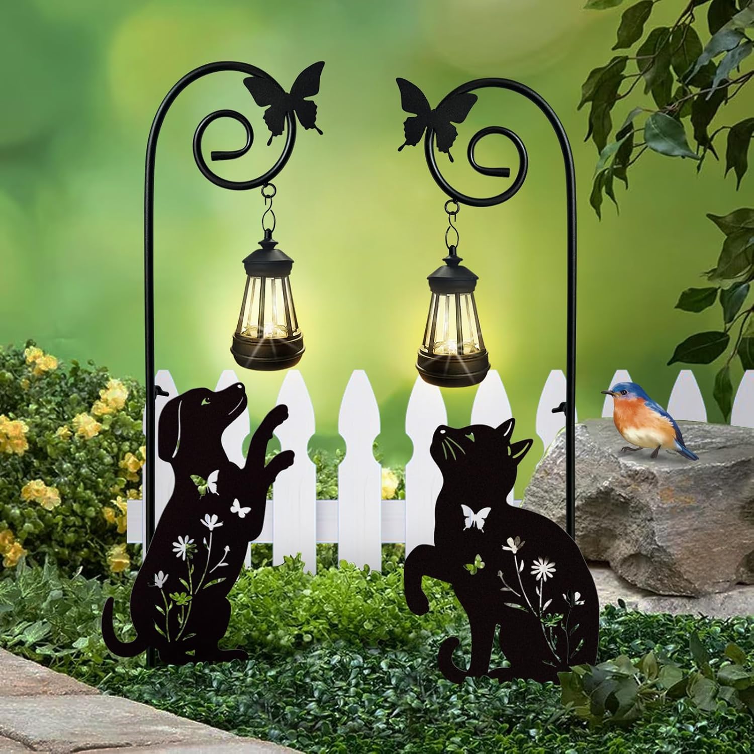 Metal Cat Stake with Solar Lights Outdoor Decorative,Black Cats Lawn Ornaments,Womens Gifts Unique,Garden Silhouette Animal Decor (Cat)