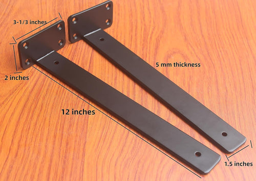 12 Pack - 12 inch Black Hidden L Shelf Bracket (1/5 Inch Thicked) Iron Floating Shelf Brackets Rustic Industrial Metal Brackets for Shelf Support