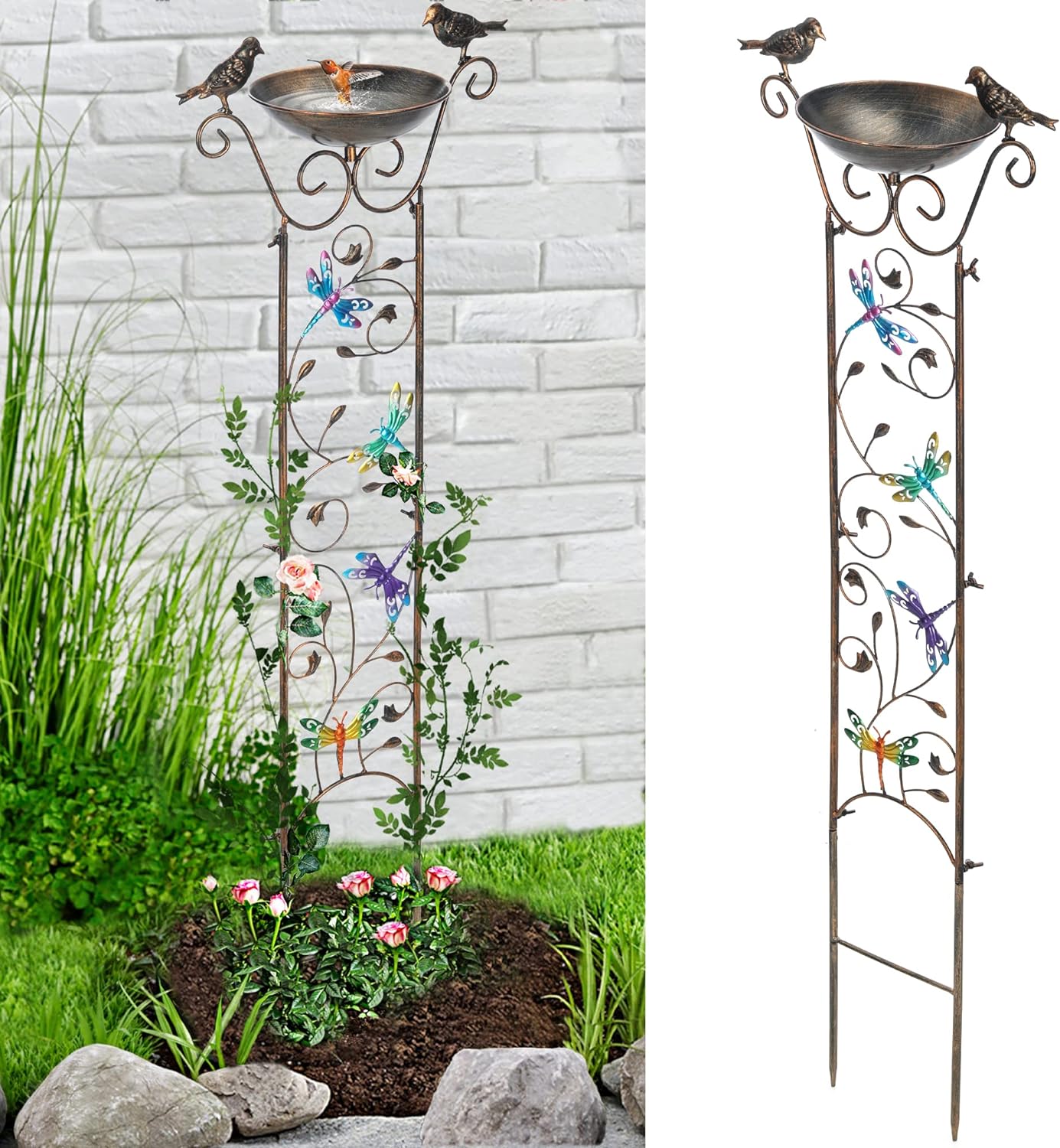 LEWIS&WAYNE Garden Trellis Bird Bath Outdoor, 40 Inch Antique Iron Garden Plant Trellis Decorative with Hummingbirds and Detachable Drinking Basin Bowl, Free Standing BirdBath Birdfeeder Station