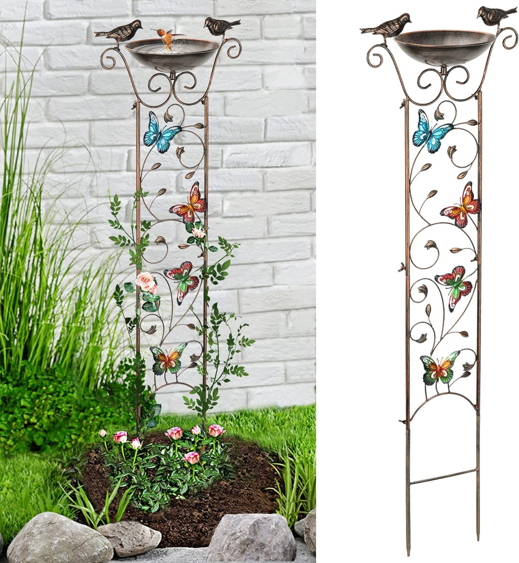 LEWIS&WAYNE Garden Trellis Bird Bath Outdoor, 40 Inch Antique Iron Garden Plant Trellis Decorative with Hummingbirds and Detachable Drinking Basin Bowl, Free Standing BirdBath Birdfeeder Station
