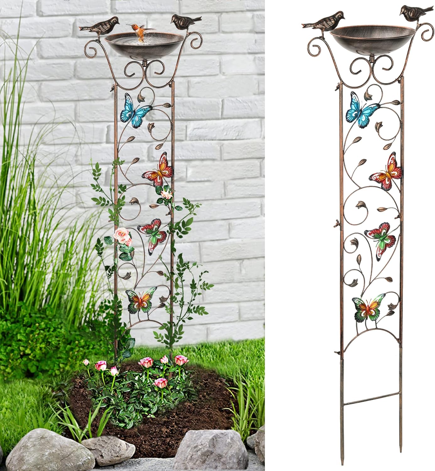 LEWIS&WAYNE Garden Trellis Bird Bath Outdoor, 40 Inch Antique Iron Garden Plant Trellis Decorative with Hummingbirds and Detachable Drinking Basin Bowl, Free Standing BirdBath Birdfeeder Station