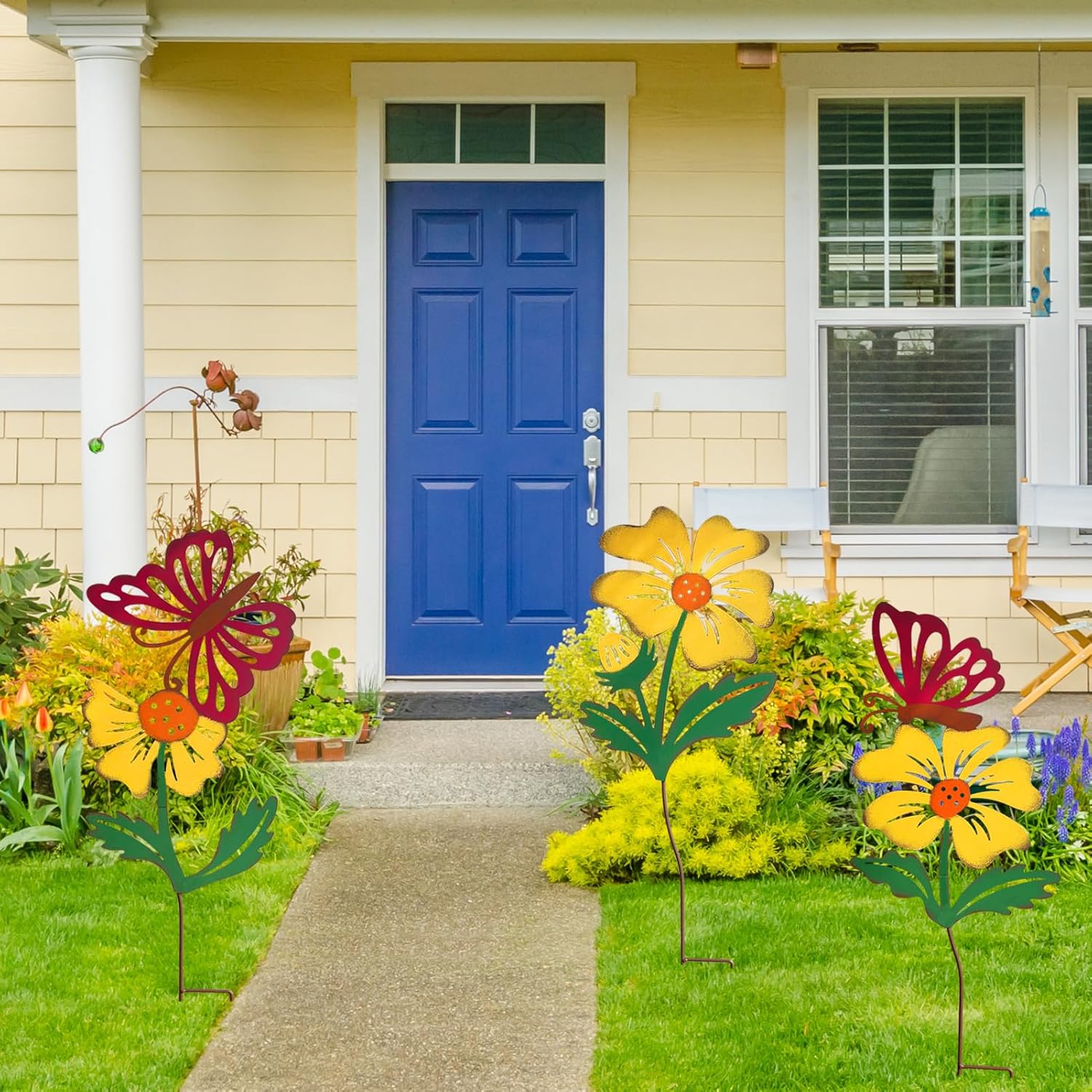 3 Pack Butterfly&Flower Metal Flowers for Outside & Decorative Garden Stakes - Metal Yard Art Outdoor and Garden with Rustproof Design | Spring Lawn Ornaments for Porch,Backyard，Patio | Outdoor Gifts
