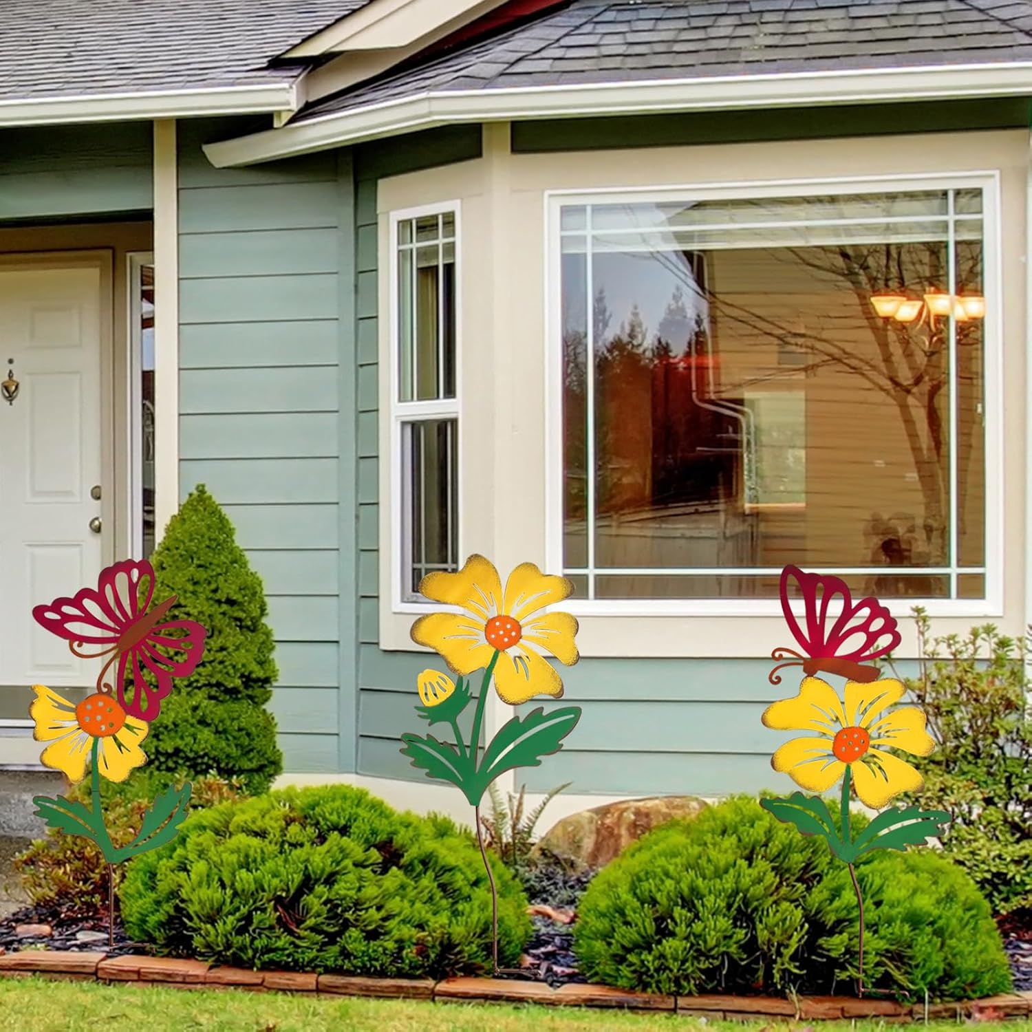 3 Pack Butterfly&Flower Metal Flowers for Outside & Decorative Garden Stakes - Metal Yard Art Outdoor and Garden with Rustproof Design | Spring Lawn Ornaments for Porch,Backyard，Patio | Outdoor Gifts