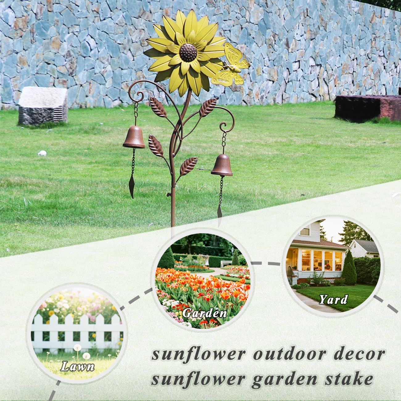 Sunflower Garden Stake with Bells, Decorative Garden Stakes for Garden Yard Patio Decor