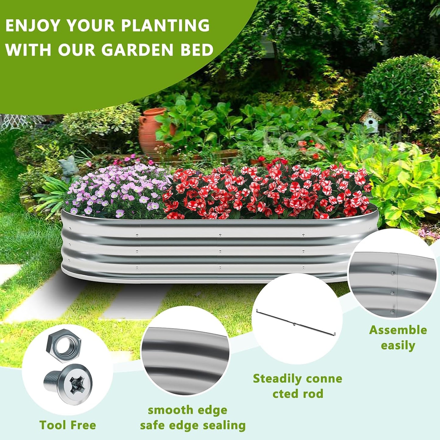 zizin 2 Pack Galvanized Raised Garden Bed Metal Oval Raised Garden Beds Outdoor Planter Box for Vegetables (6x3x1FT, Silver)