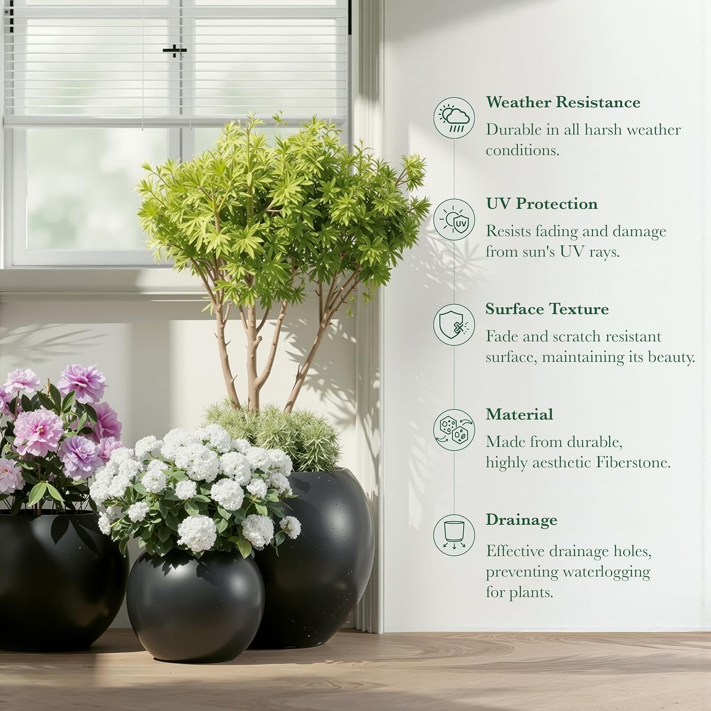 DTY Signature Mount Sherman Modern Indoor Outdoor Fiberstone Sphere Planter, Durable Round Garden Pot, Weather Resistant, Drainage Hole & Rubber Plug, Planter for Christmas Tree - Small, Black