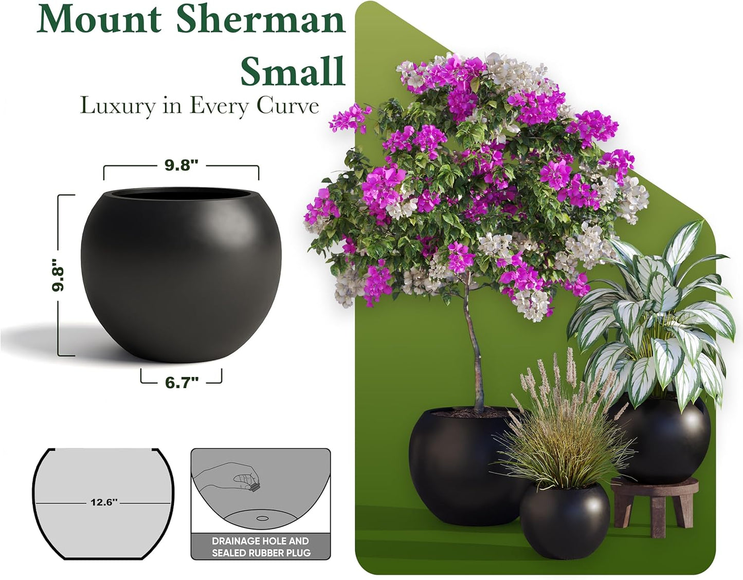 DTY Signature Mount Sherman Modern Indoor Outdoor Fiberstone Sphere Planter, Durable Round Garden Pot, Weather Resistant, Drainage Hole & Rubber Plug, Planter for Christmas Tree - Small, Black