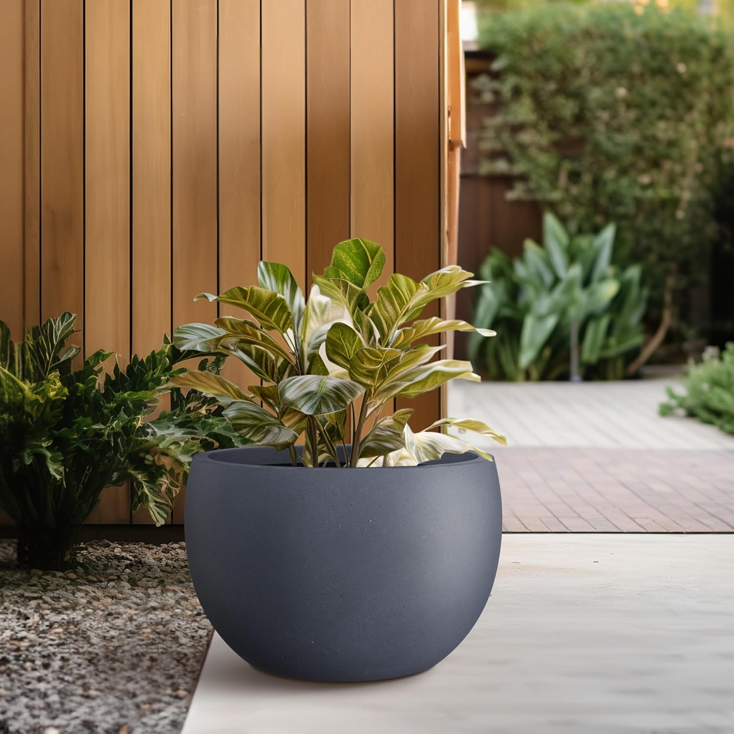 Kante 15.7" Dia Round Concrete Planter, Outdoor/Indoor Large Bowl Plant Pots with Drainage Hole and Rubber Plug for Garden Patio Balcony Home, Charcoal