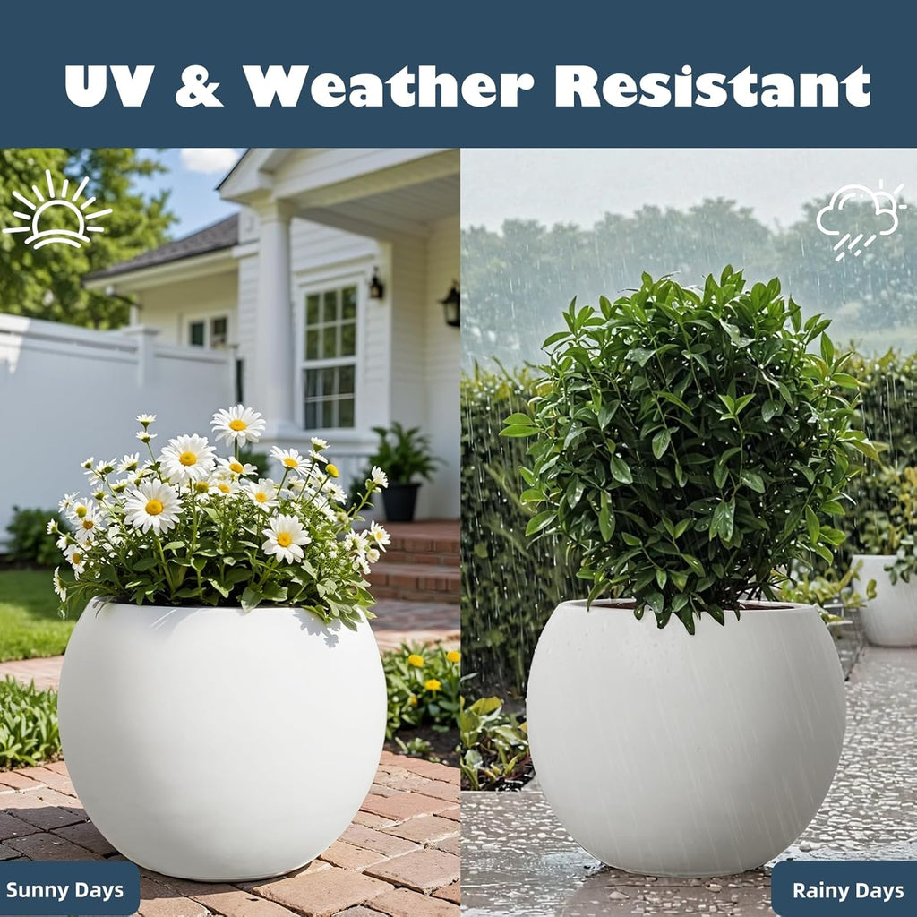 Large Round Planter with Drainage Hole, 13.7''H × 17.7''D Sphere Planter Indoor Plant Flower Pot for Outdoor Garden Patio Home, White