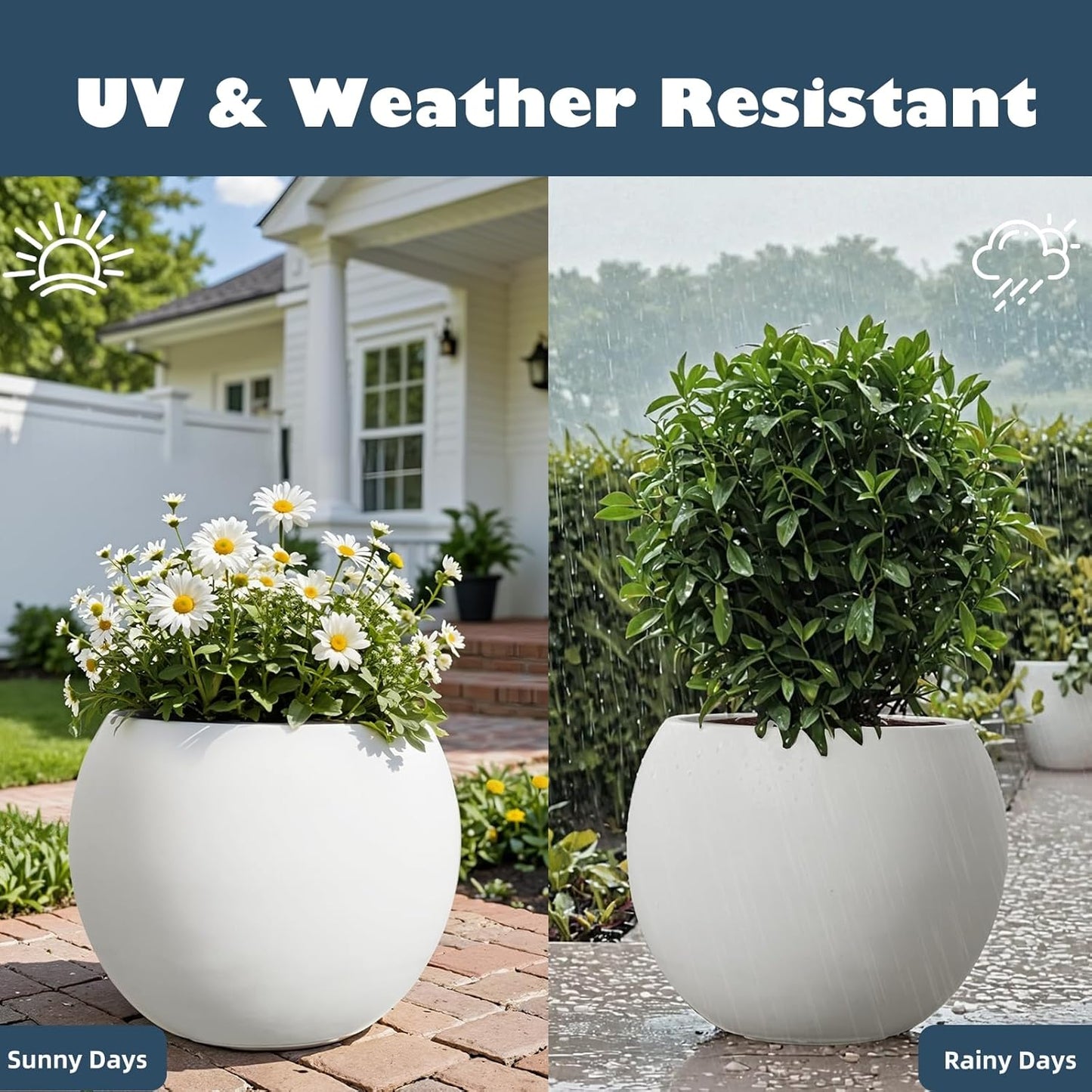 Large Round Planter with Drainage Hole, 13.7''H × 17.7''D Sphere Planter Indoor Plant Flower Pot for Outdoor Garden Patio Home, White