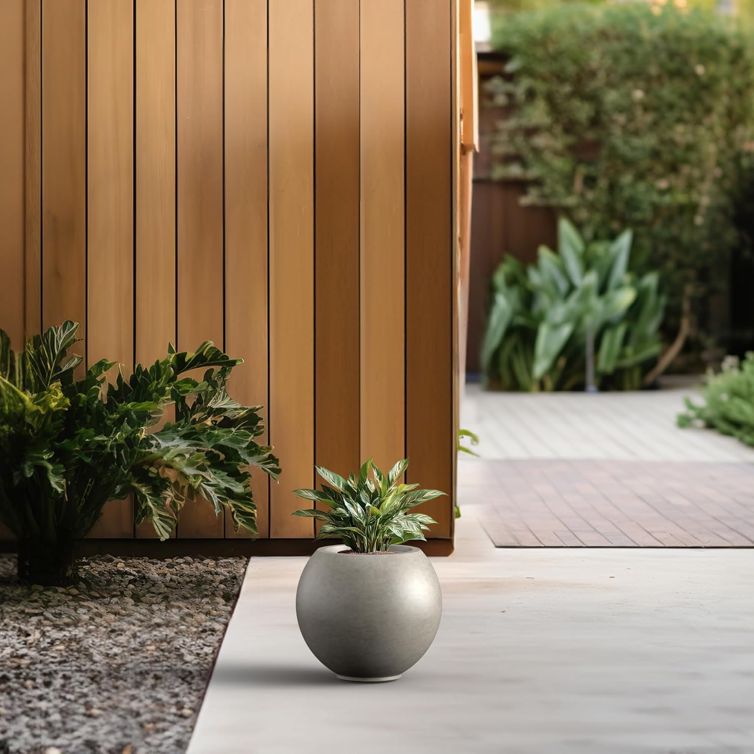 Kante Round Concrete Flower Pot, 11 Inch Dia (7.9" Opening) Sphere Shape Design Planter with Drainage Hole for Indoor & Outdoor Plants, Weathered Concrete Finish with Painted Interior